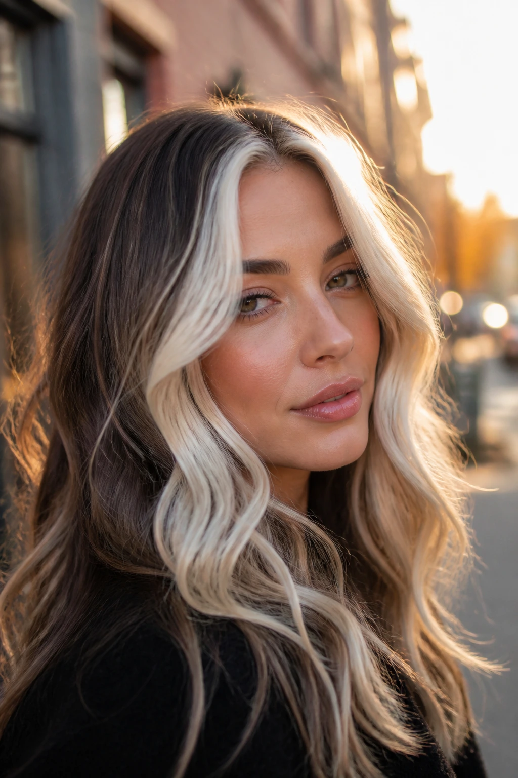 Close-up of a real woman's face framed by platinum money piece in wavy hair.