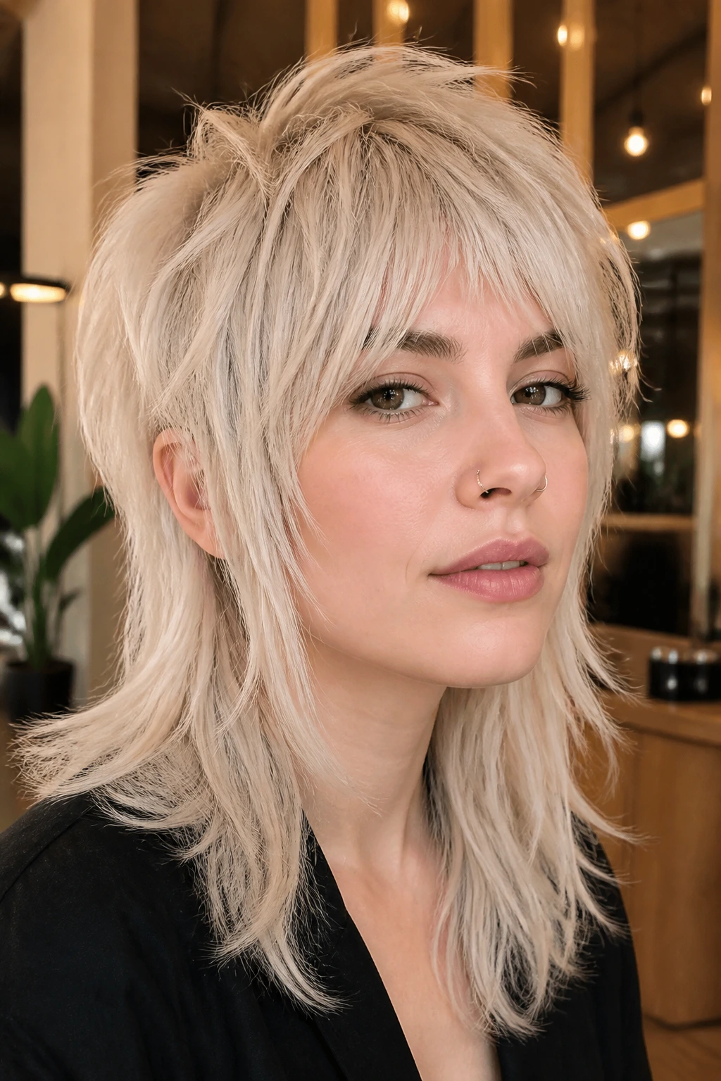 Portrait of a real person with platinum razor shag mullet