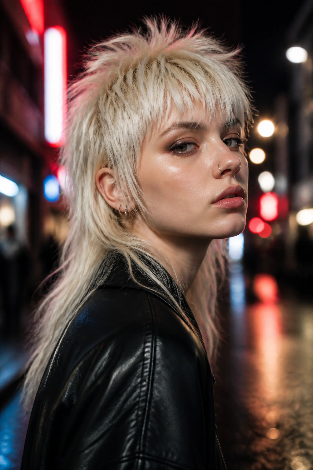 Portrait of a real person with platinum mullet shag in neon-lit urban setting