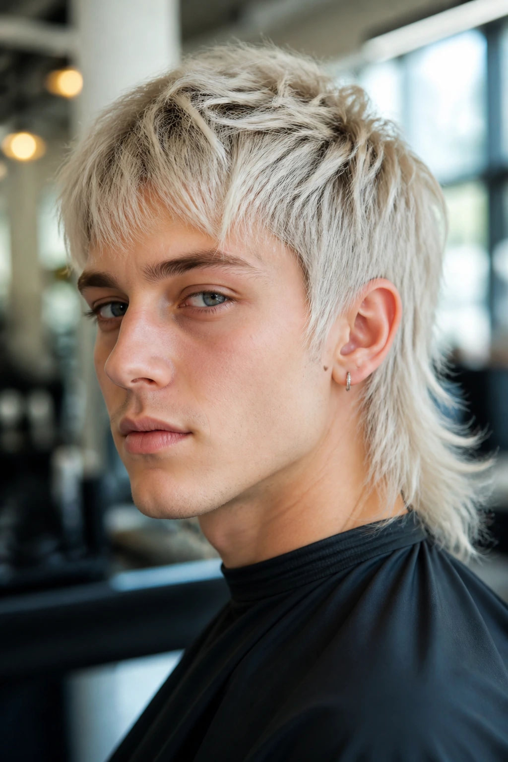 Close-up portrait of a real person with platinum mullet and lightweight texture in a bright salon.