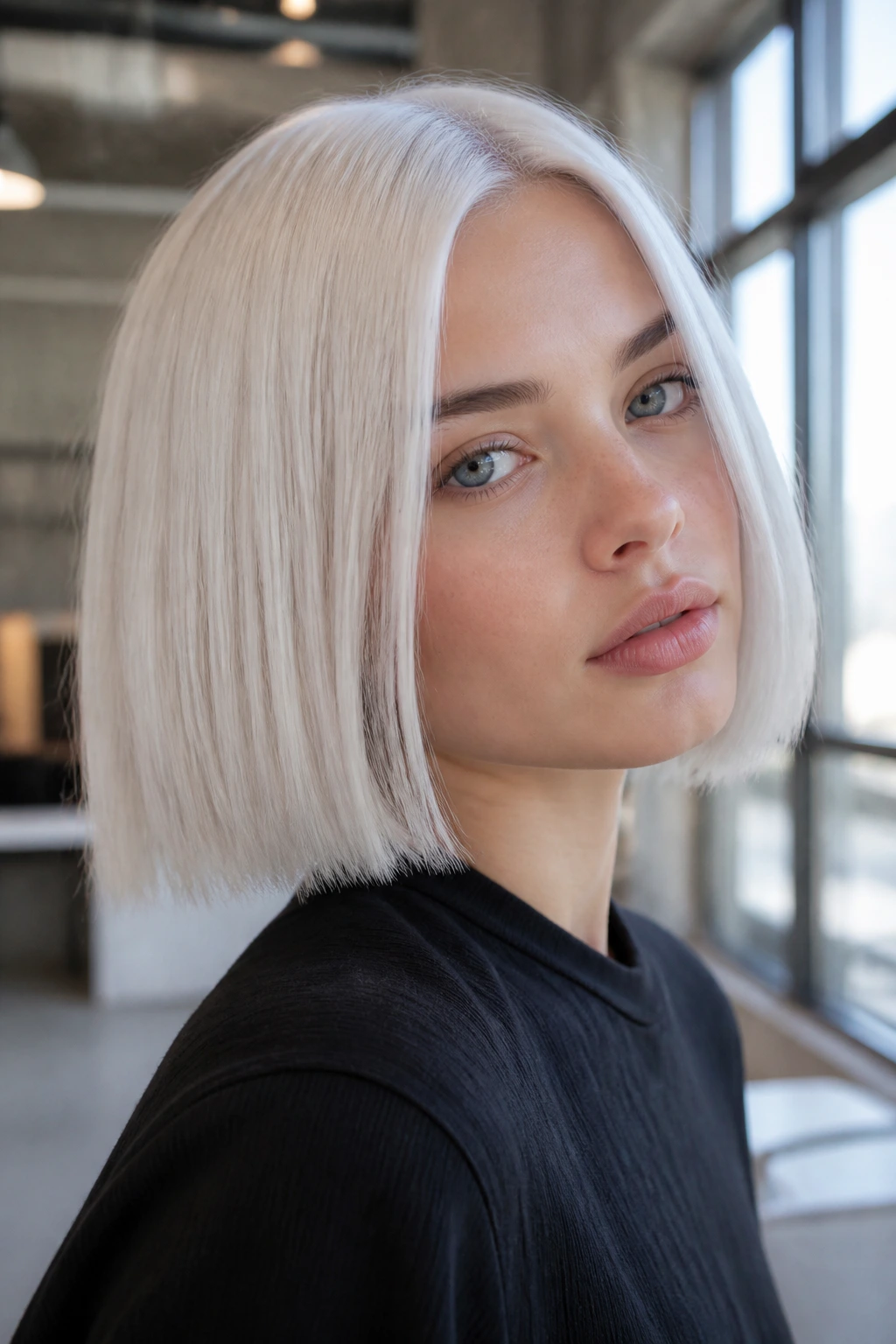 Close-up of a real person with Nordic platinum blonde in pale ash shade.