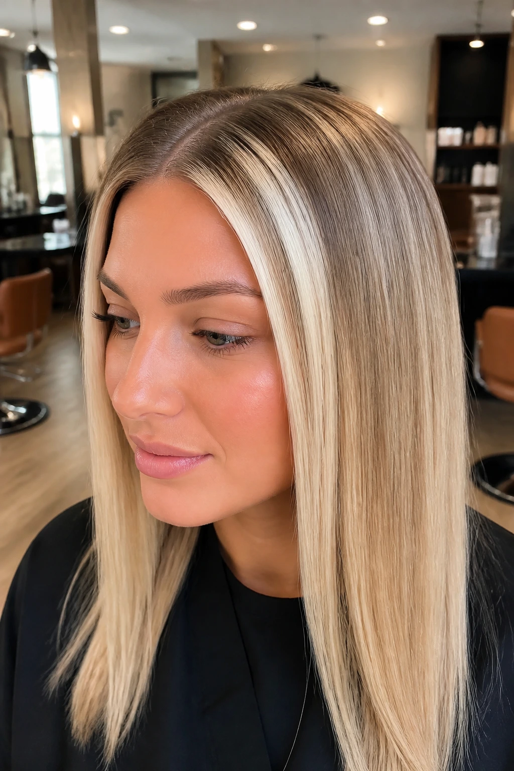 Close-up of a real woman with platinum panels in a darker blonde base, straight hair