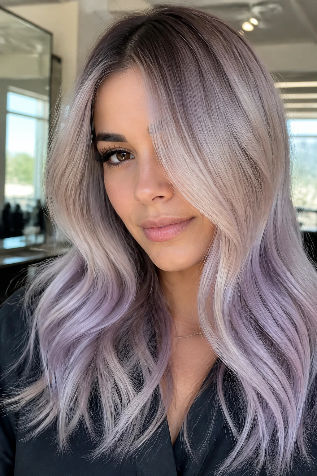 Portrait of platinum pearl melt hair with shadowed root.