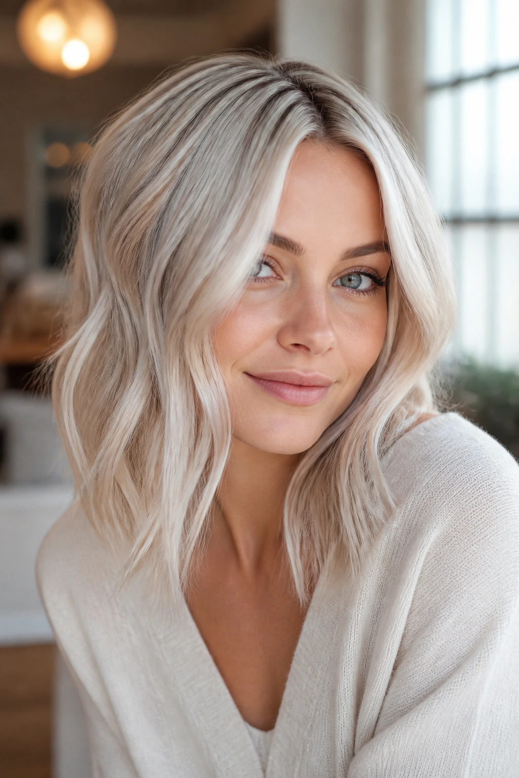Portrait of a person with pearl drift or champagne ice platinum hair