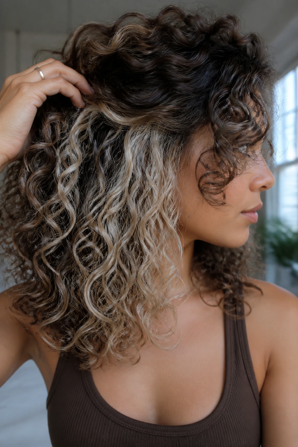 Close-up of a real woman with curly hair showing platinum peekaboo panels peeking through the top layer