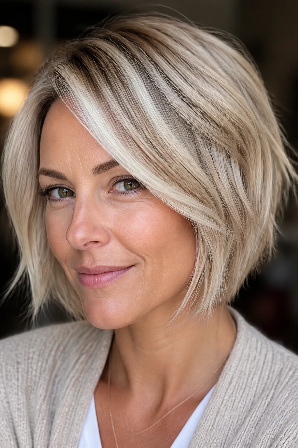 Close-up of a real woman with champagne base and platinum pop pieces in a short bob.