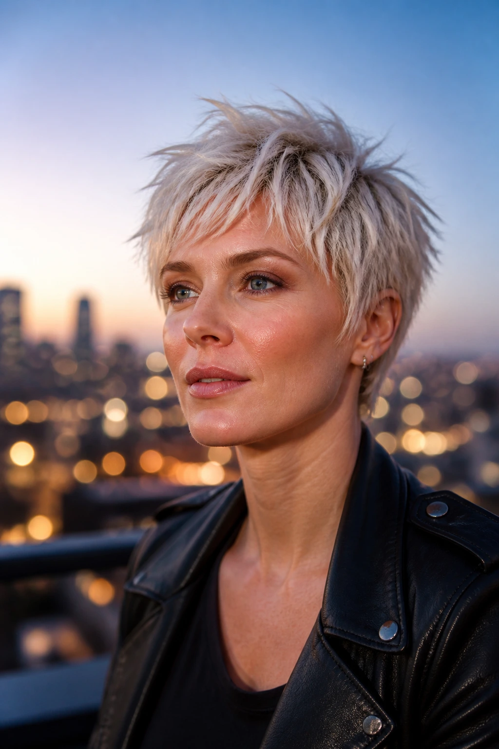 Piecey Platinum Pixie close-up of a real woman with platinum shaggy textured ends