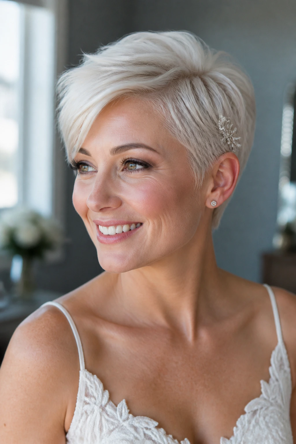 Close-up of a real bride with a platinum pixie and a tiny crystal accessory at the temple