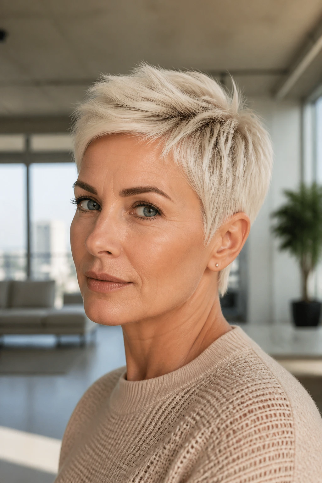 Close-up of a person with a platinum blonde pixie in bright daylight