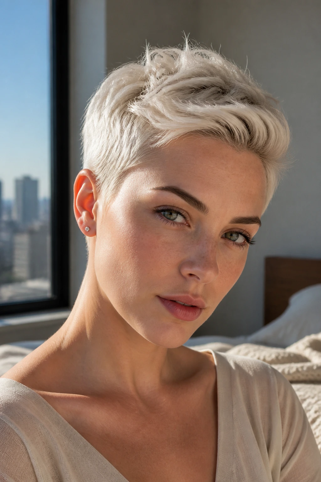 Close-up of a real woman with a blunt platinum pixie under natural window light.