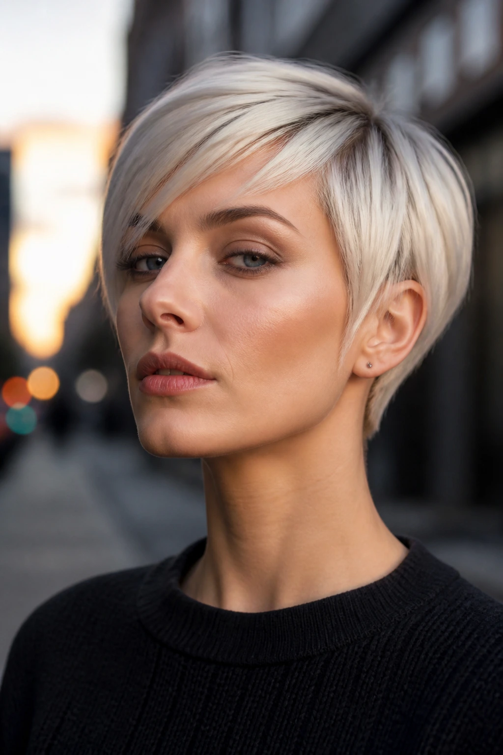Portrait of a person with platinum pixie bob on urban street