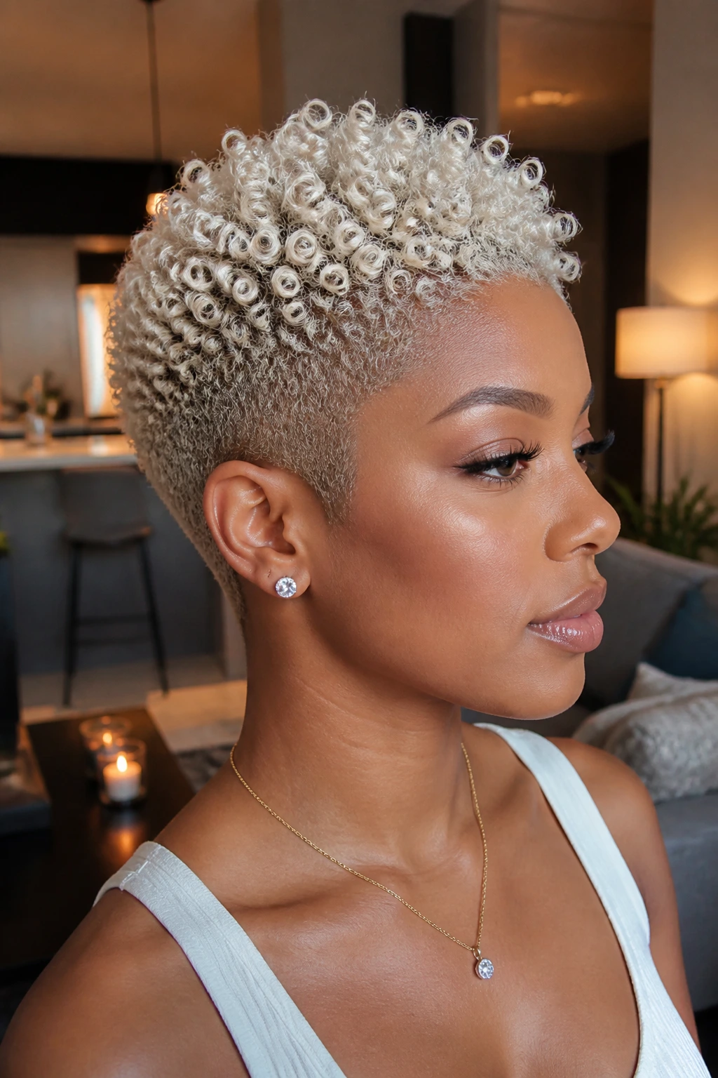 Close-up of platinum pixie coils on a tapered cut on a real person