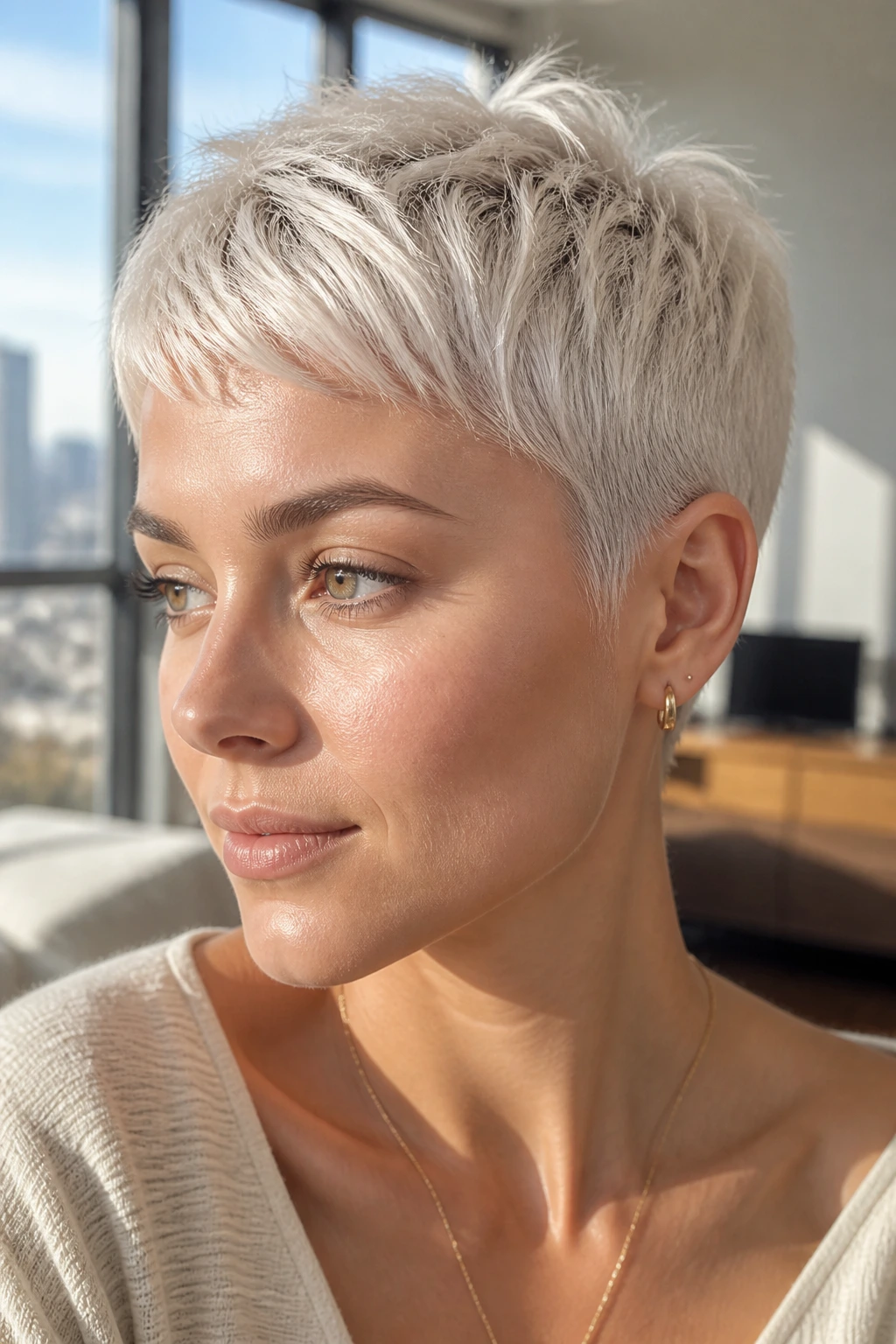 Close-up of a real person with a platinum pixie crop in pearl tones under soft window light.