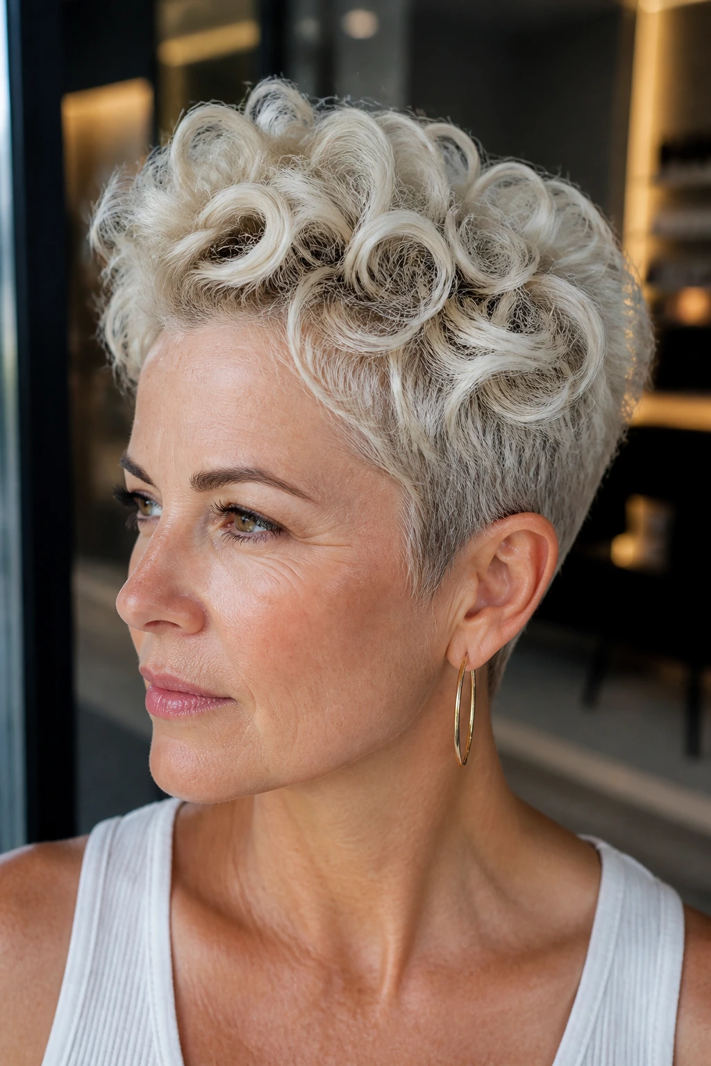 Close-up of platinum pixie curls with lifted crown on a real person