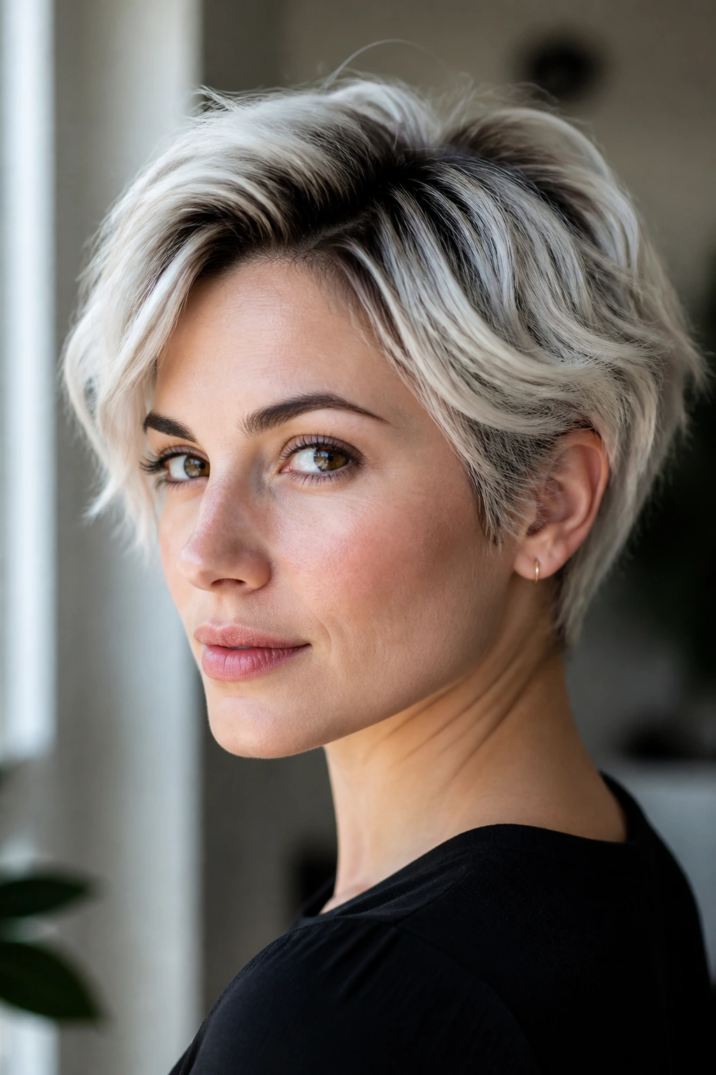 Close-up of platinum pixie bob with dark roots