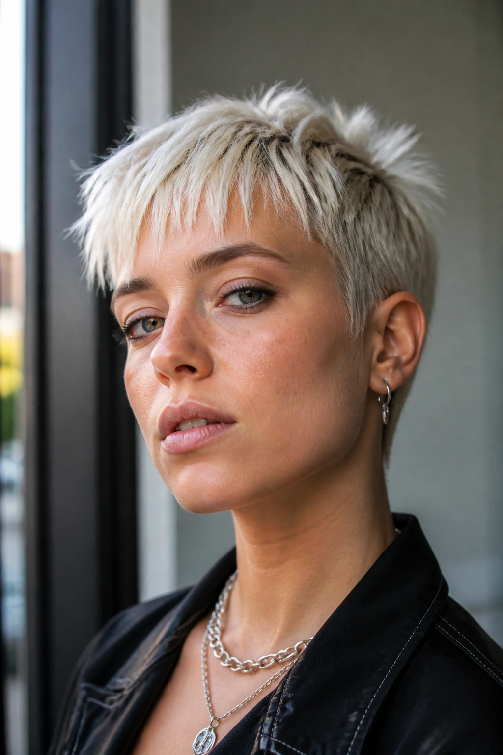 Portrait of a woman with a platinum pixie and choppy fringe in natural light