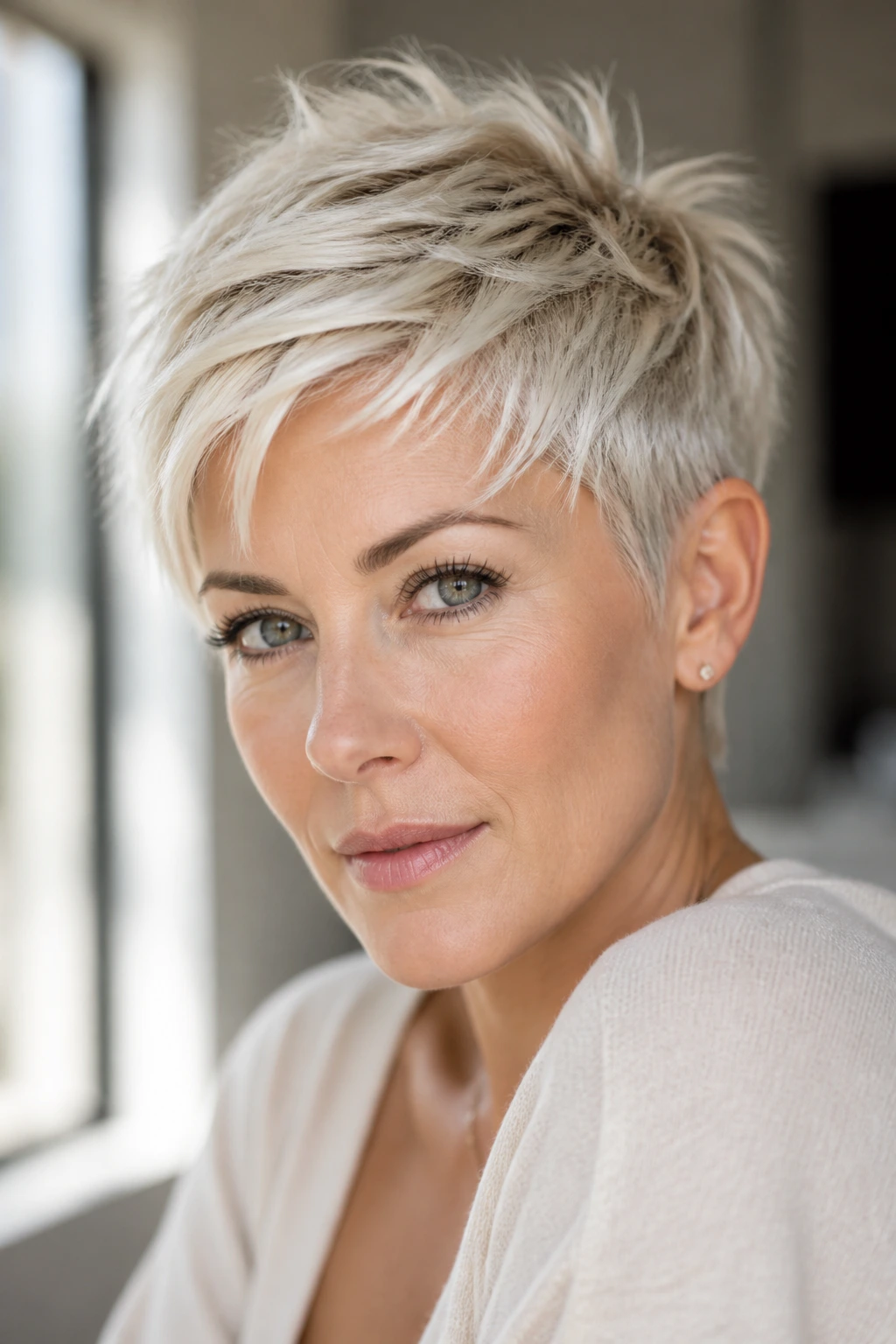 Close-up portrait of a woman with platinum pixie haircut and crisp edges