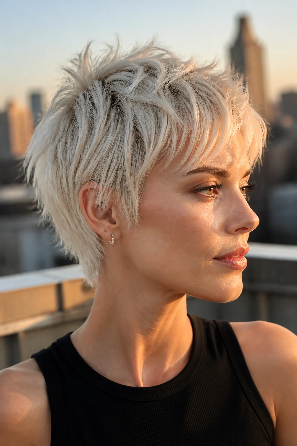 Close-up portrait of a real person with Piecey Platinum Pixie on a golden hour rooftop