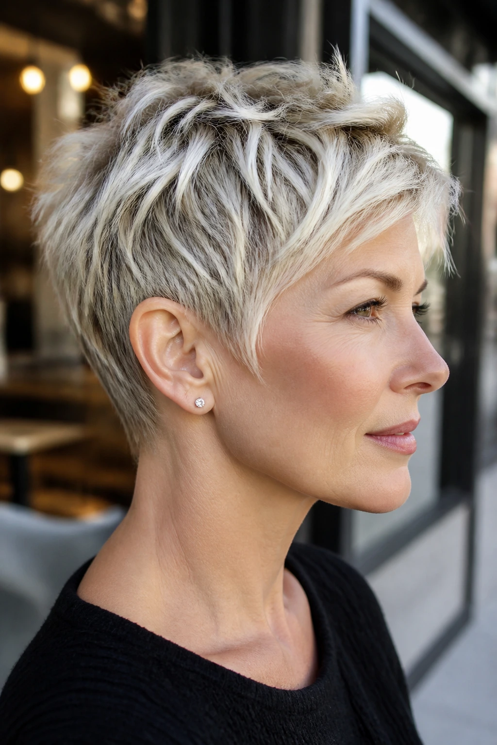 Close-up of a real person's pixie cut with platinum piecey highlights.