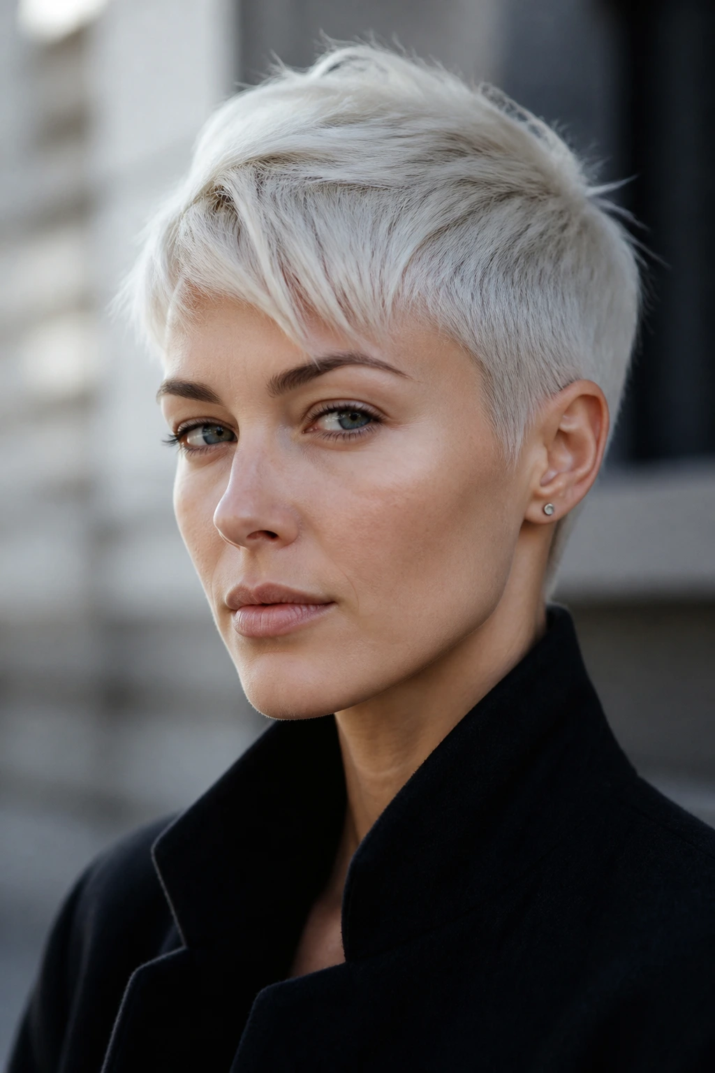 Close-up of a real person with a Nordic platinum pixie haircut.
