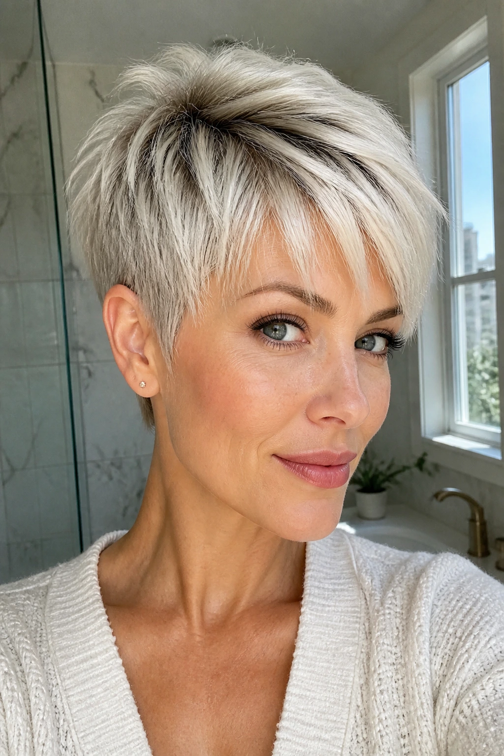 Close-up of real woman with platinum pixie and root shadow in daylight.
