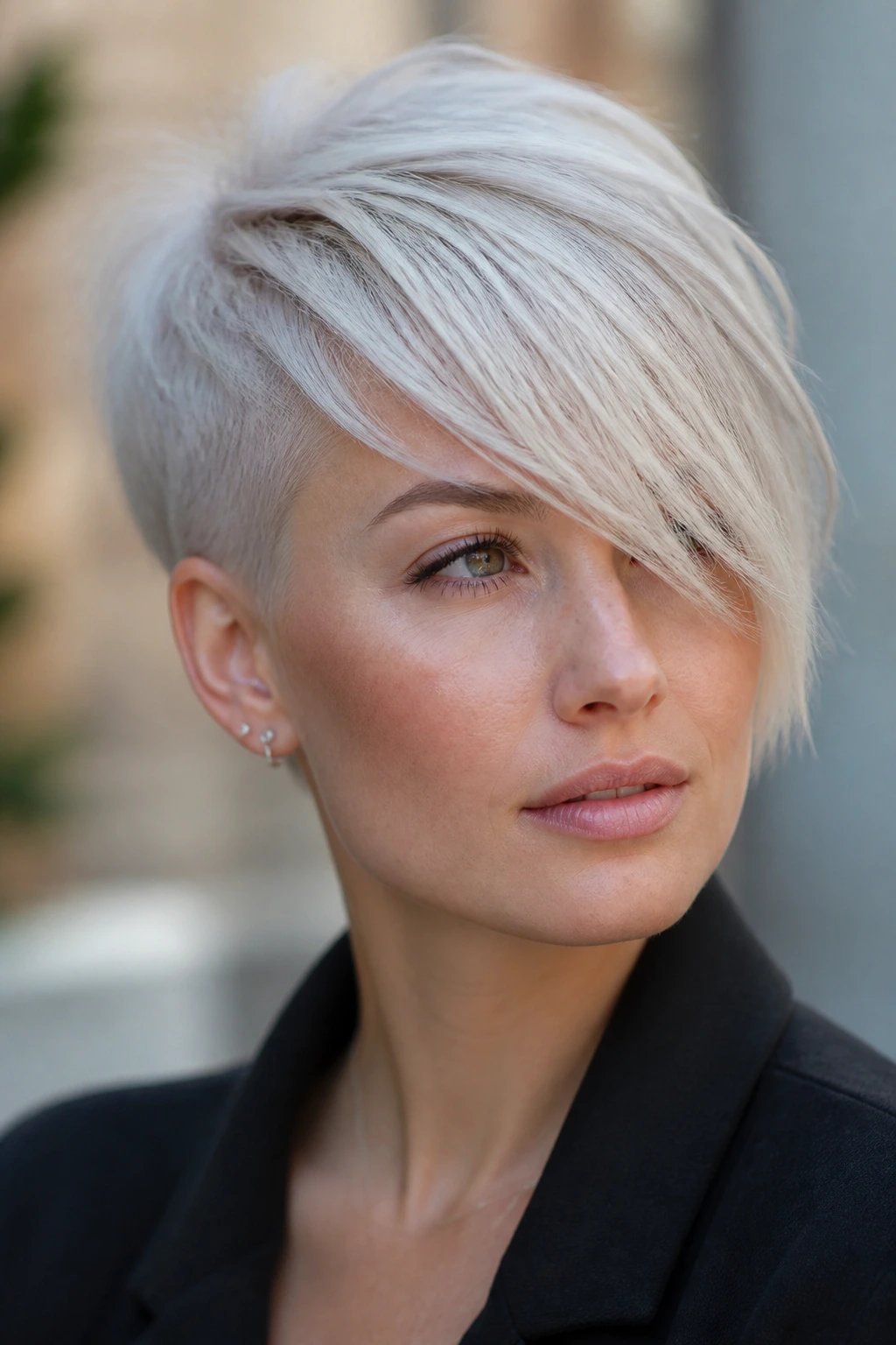 Close-up of a woman with icy platinum side-swept pixie.