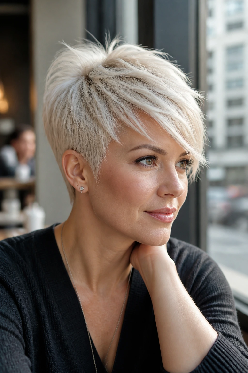 Portrait of a real person with a platinum side-swept pixie and choppy crown, seated by a cafe window.