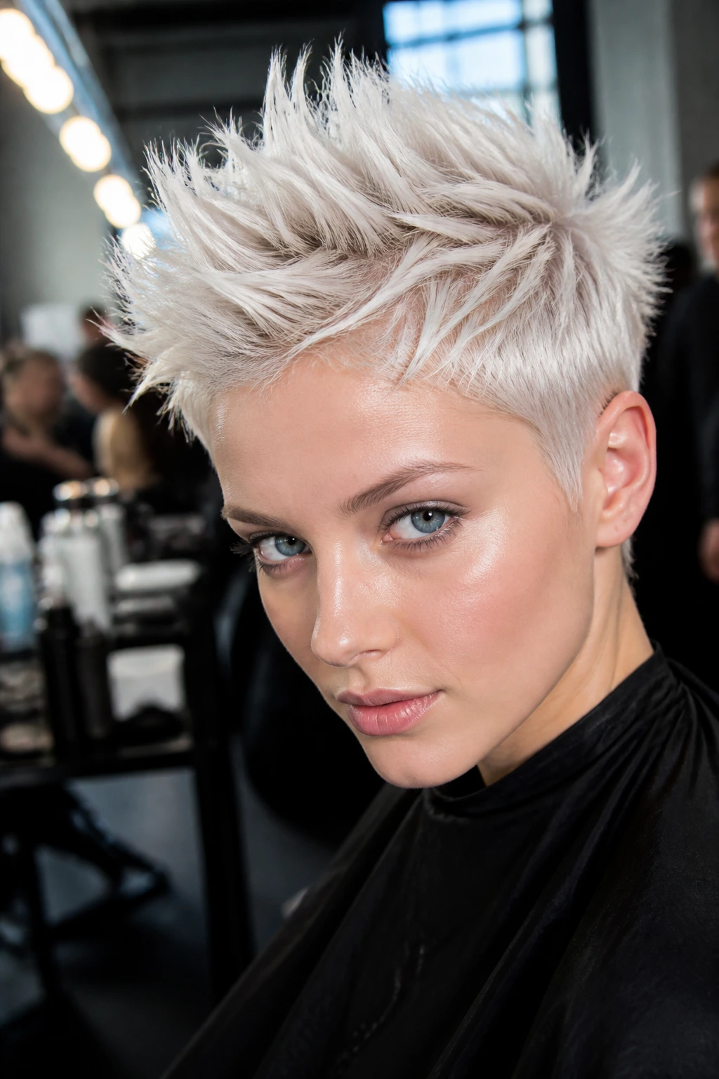 Close-up of a person with platinum spiky pixie under cool studio lighting