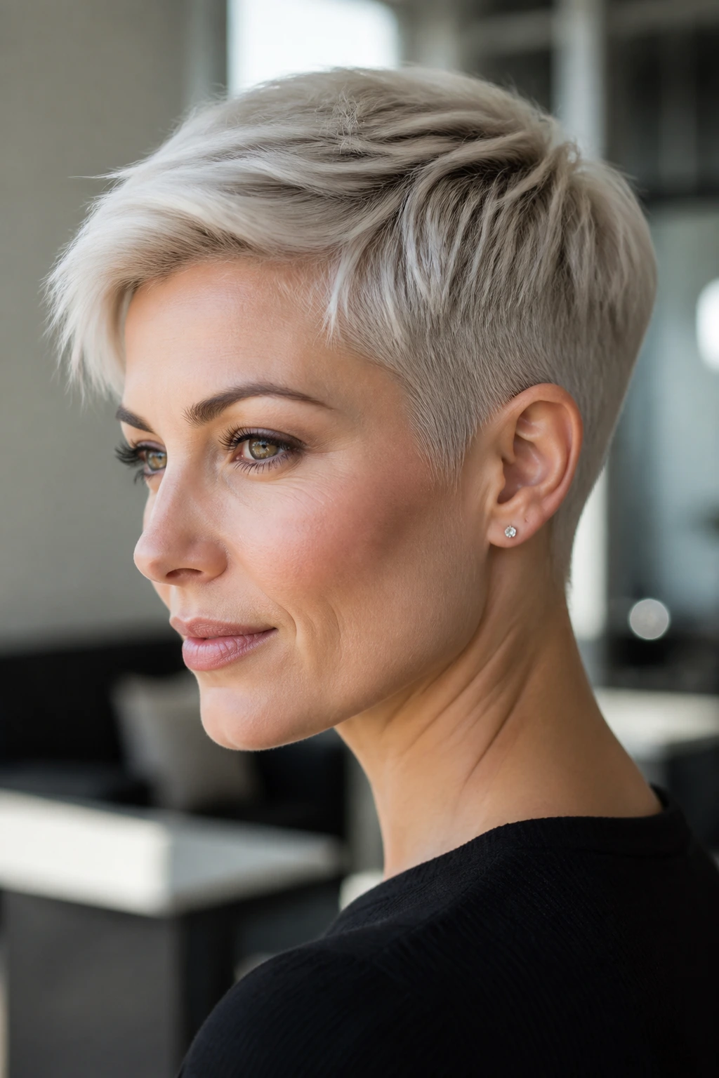 Close-up portrait of a real person with a tapered platinum pixie cut