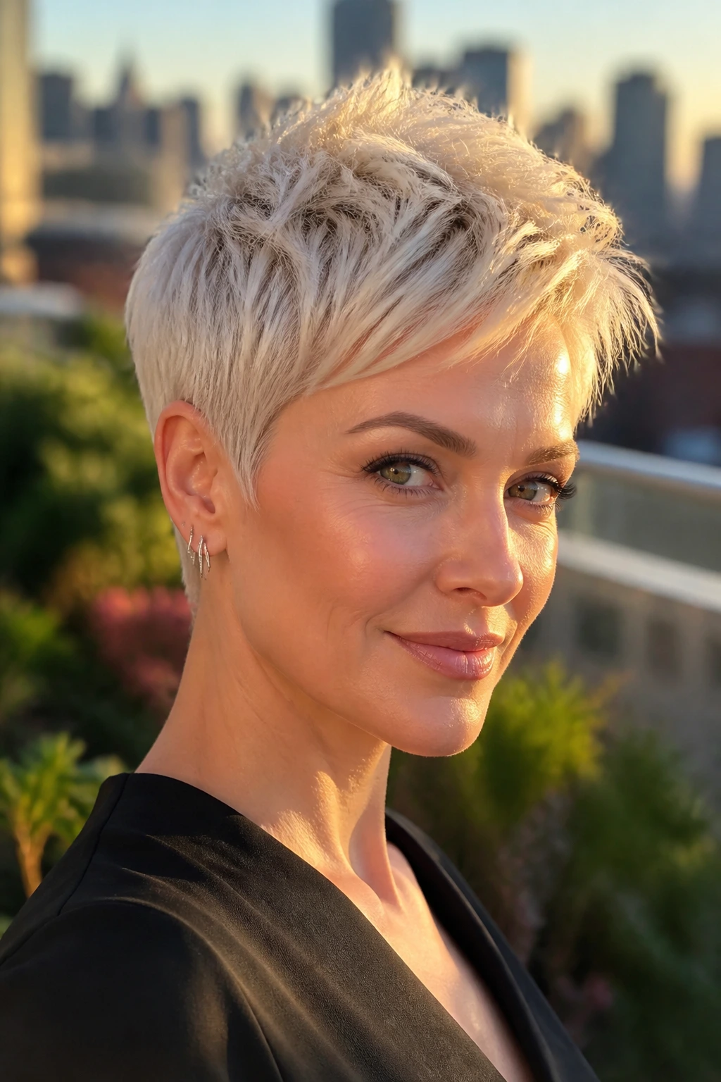 Real person with platinum textured pixie hair under golden hour sunlight