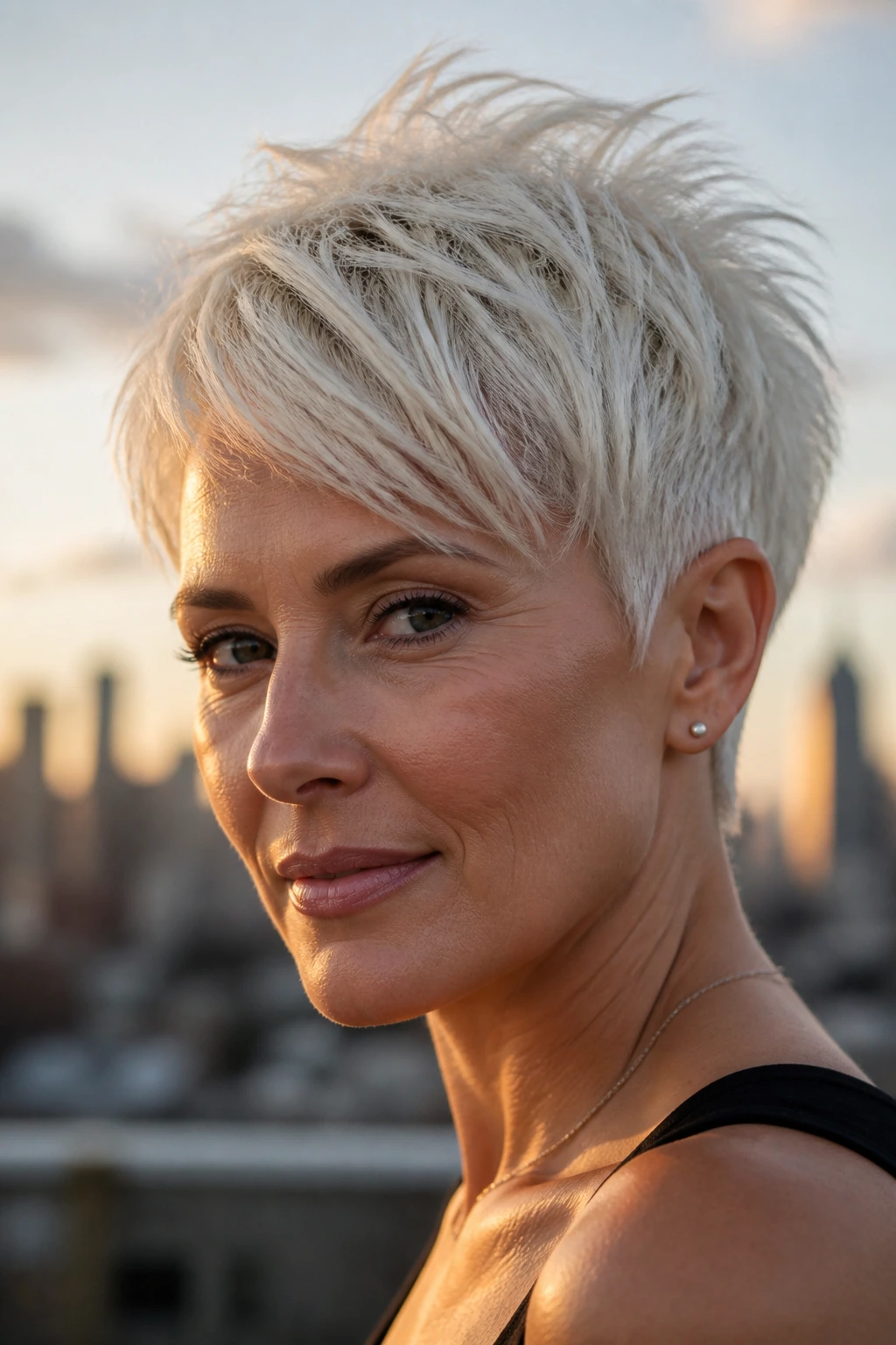 Close-up of a real woman with a tousled platinum pixie on a rooftop at golden hour