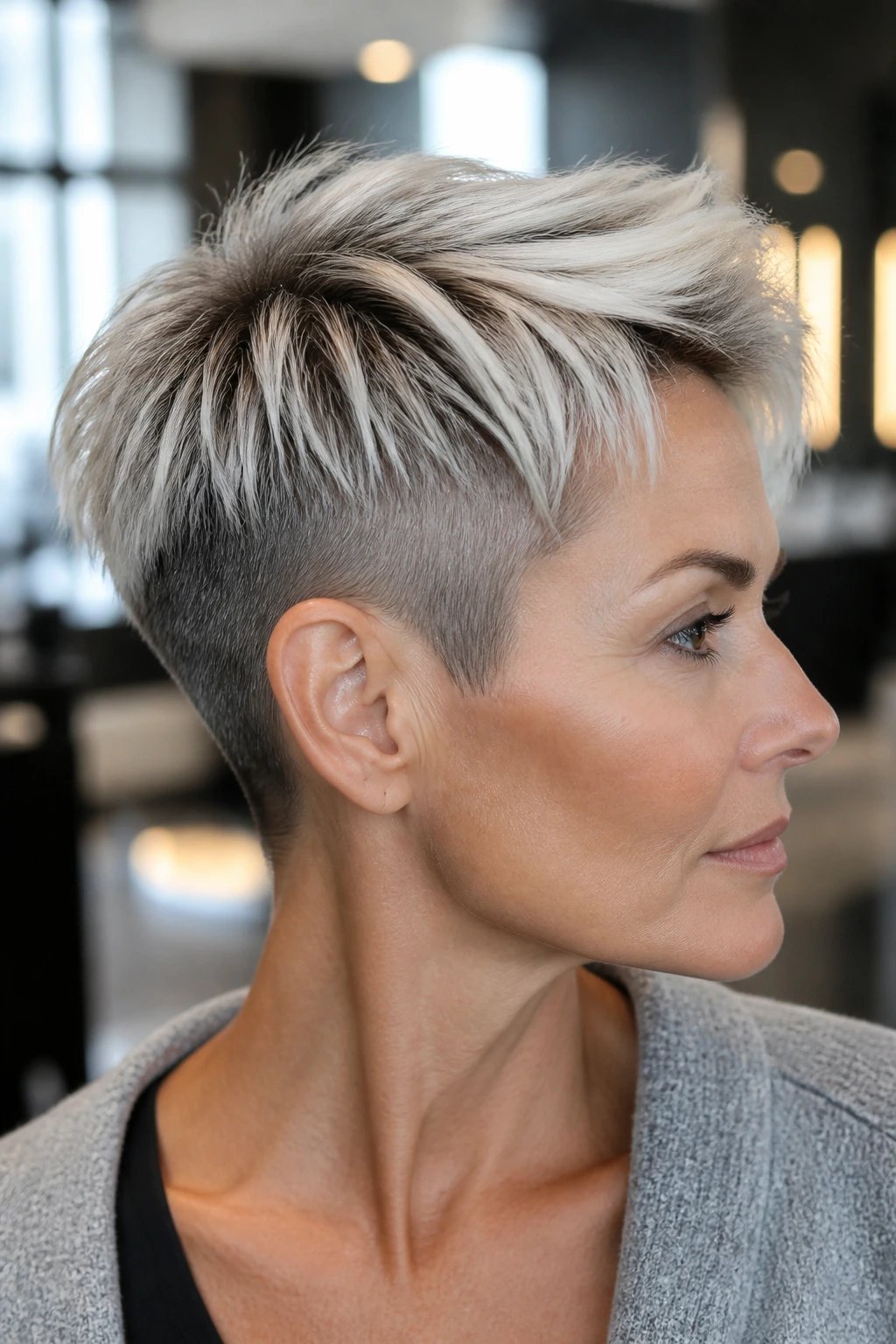 Close-up portrait of a real person with an undercut pixie and platinum panels in hair.