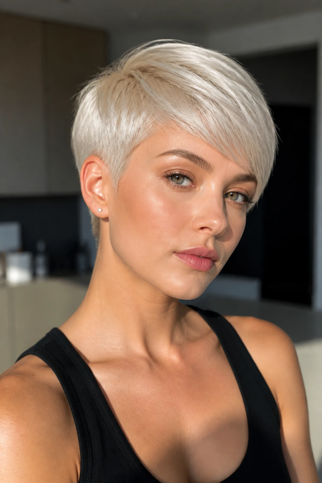 Portrait of platinum pixie variation with glossy finish