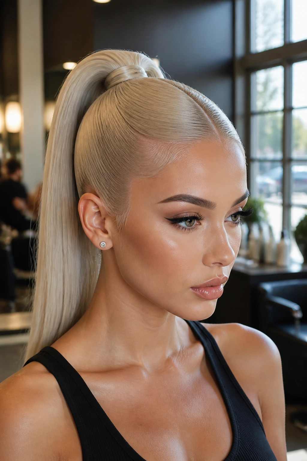 Close-up of a real woman with a platinum-sleek high ponytail and sharp hairline in a stylish salon