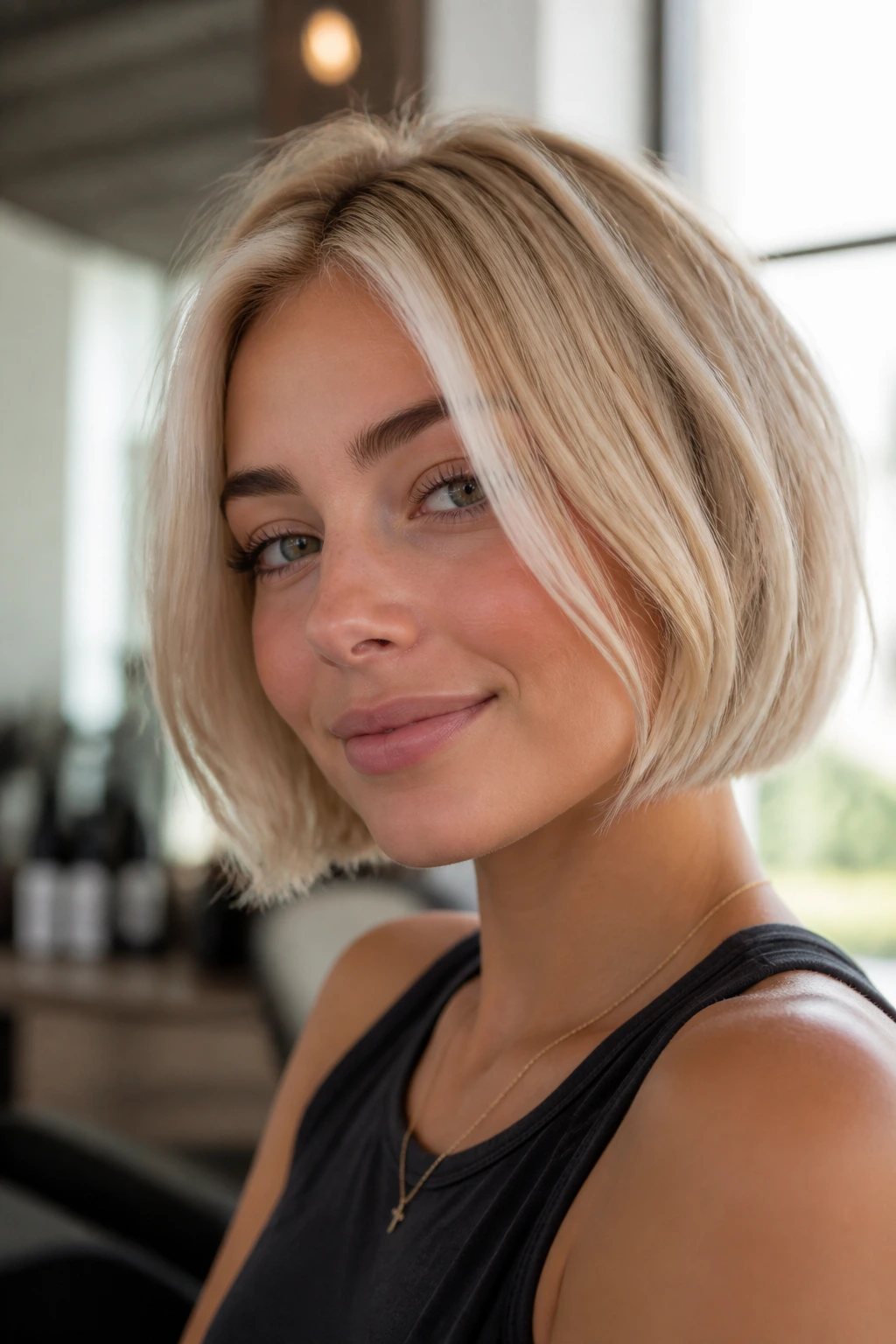 Close-up of a real woman with a short blonde bob featuring a thin platinum front strand at the hairline