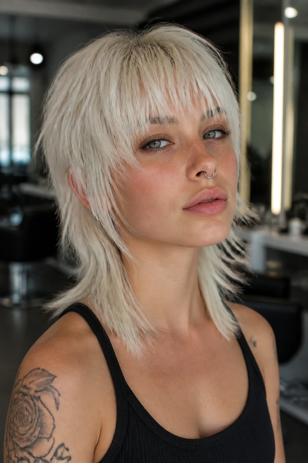 Close-up portrait of a real woman with platinum razor mullet and sliced ends