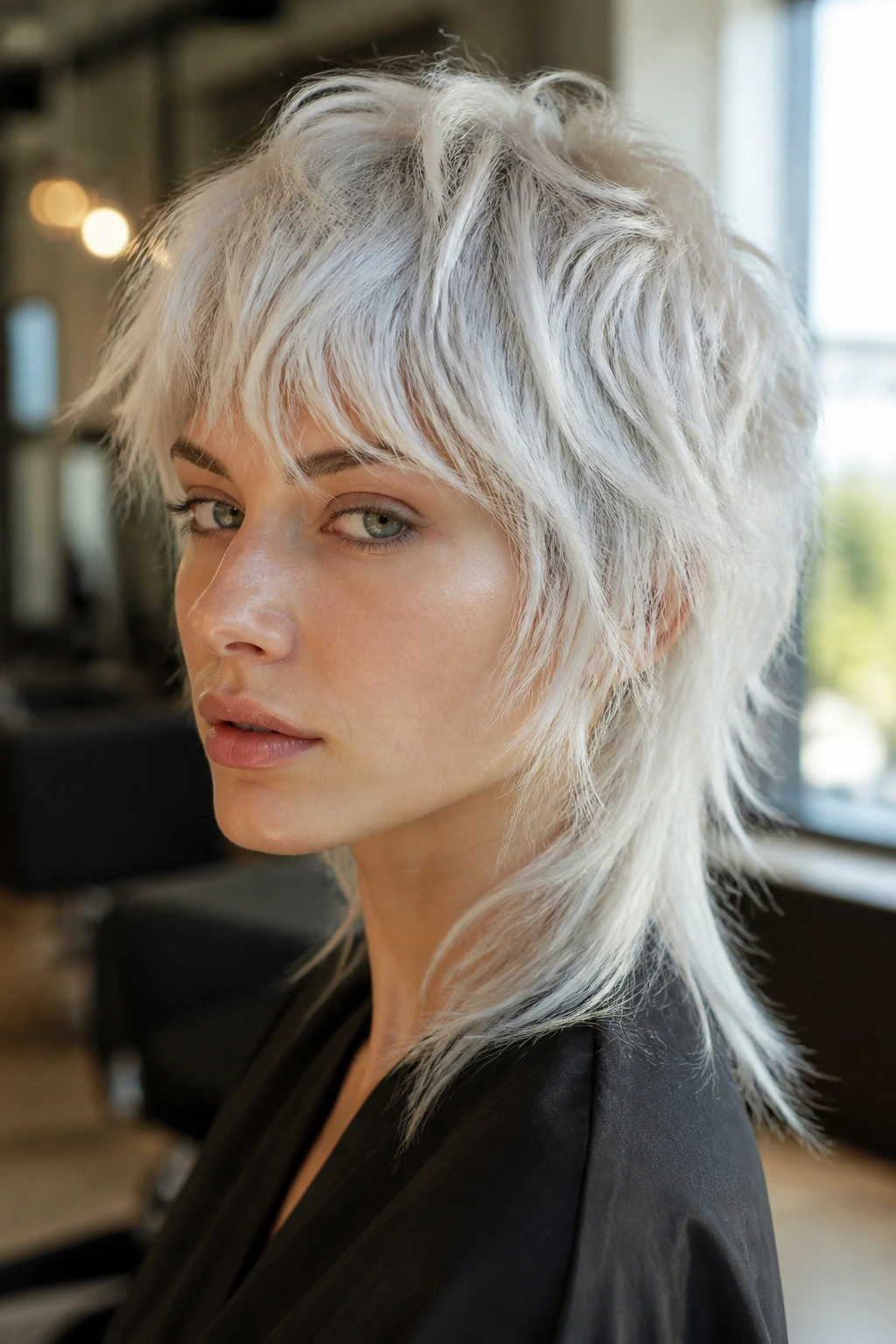 Real woman with platinum razor shag showing glassy top and feathery ends