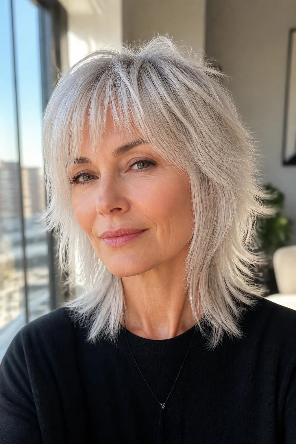 Close-up of a woman with a platinum razor-shag wolf cut and airy ends.