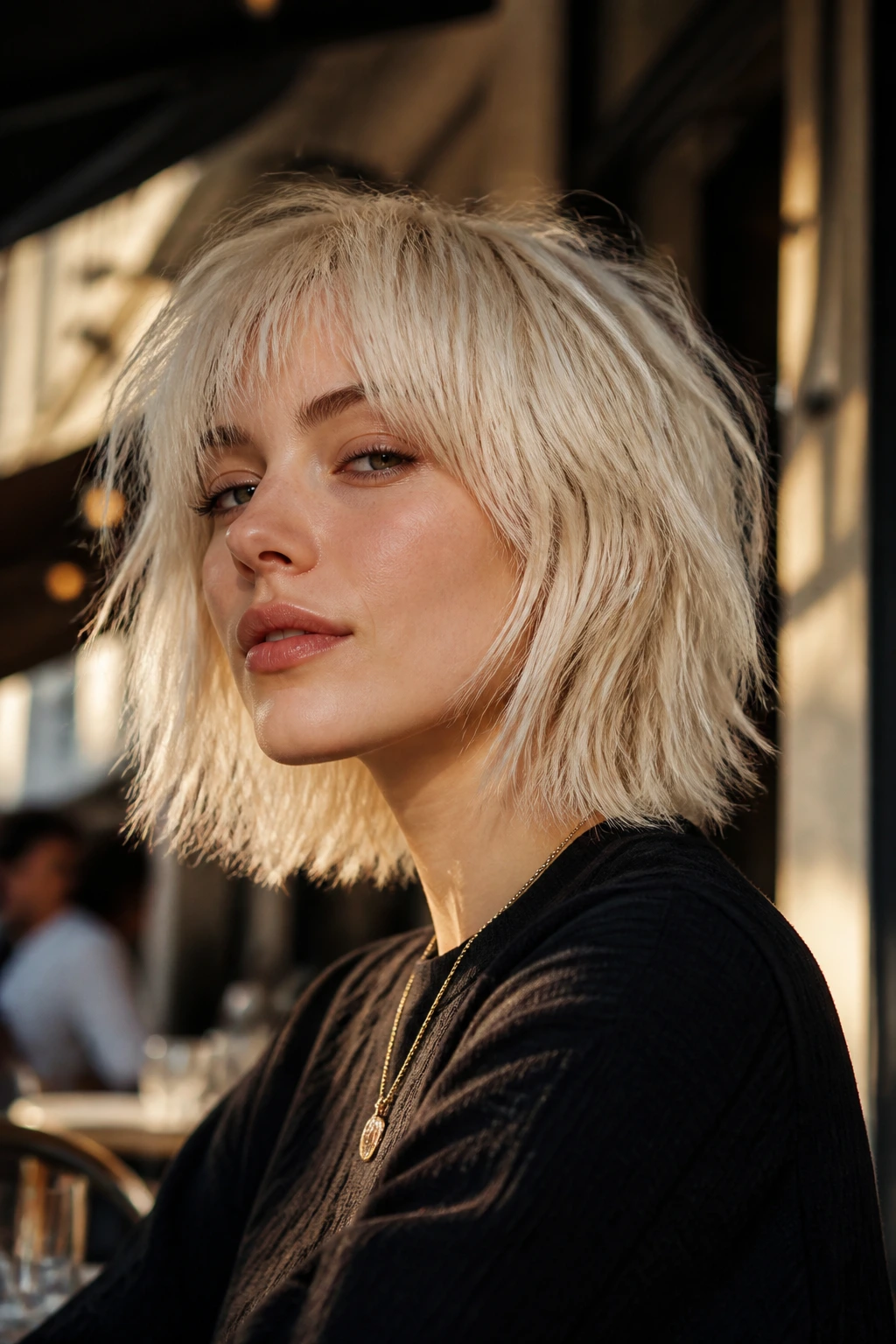 Close-up of a real person with platinum razor wolf bob in an urban cafe morning light