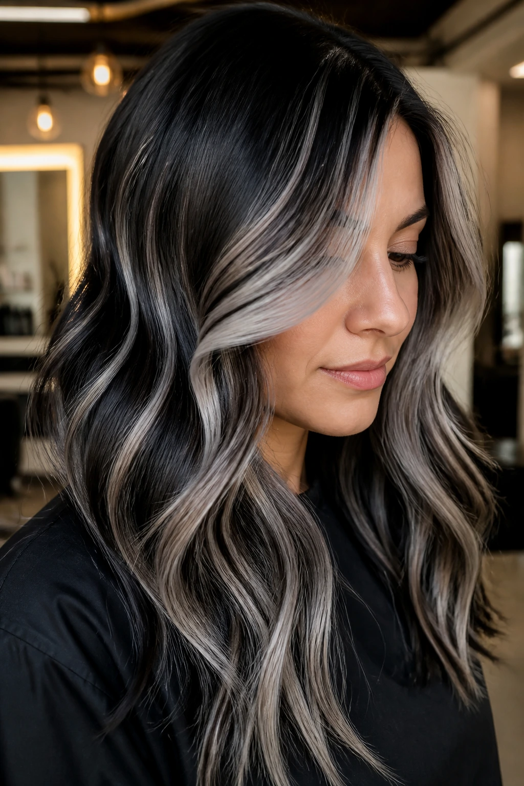 Close-up of a real person with platinum ribbon balayage on dark, wavy hair