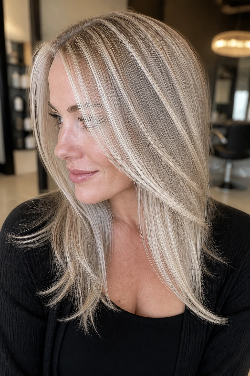 Close-up of a real woman with platinum ribbon highlights in fine hair.