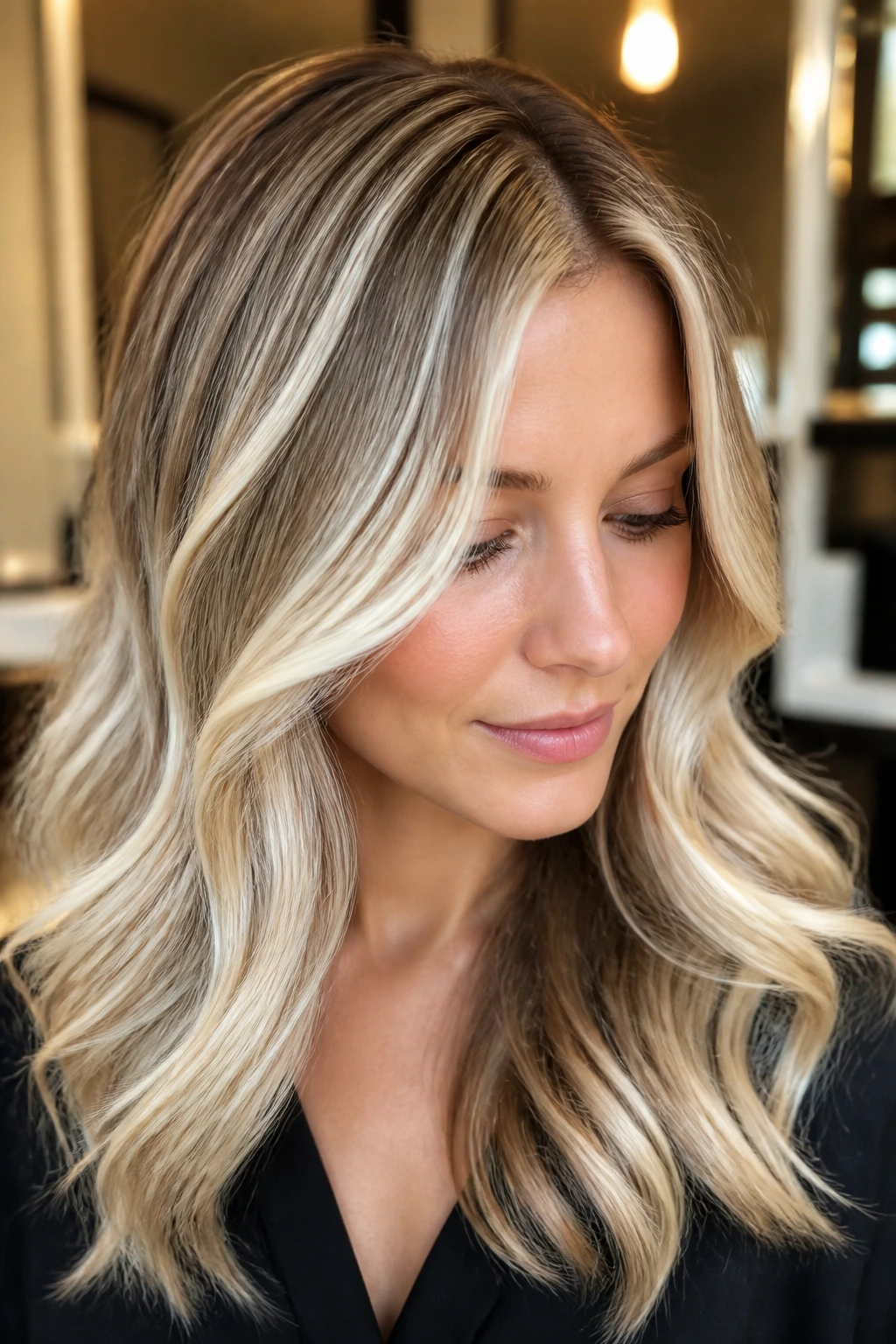 Close-up of a real woman's hair with platinum ribbon highlights