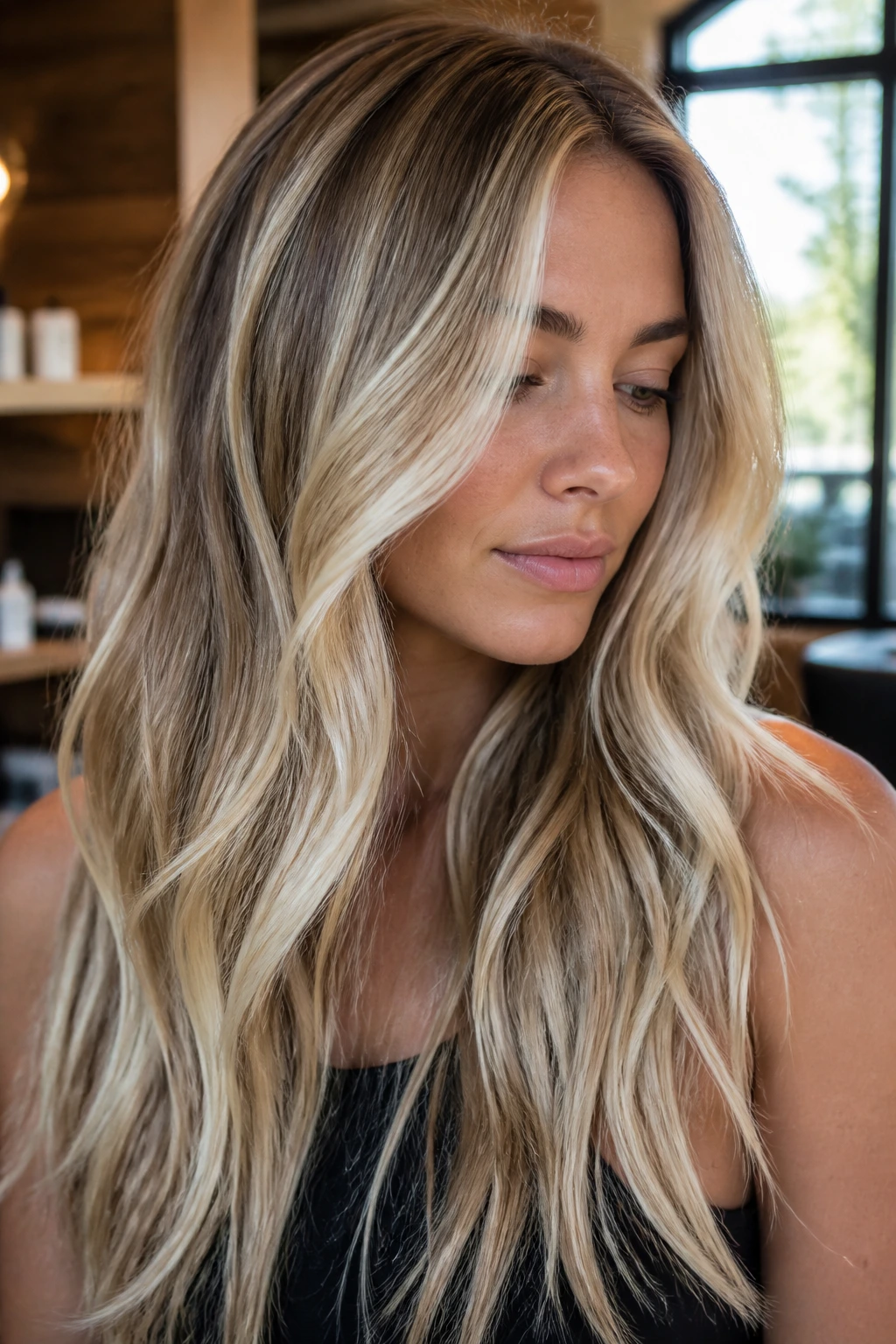 Close-up of real woman with platinum ribbon highlights in long hair, warm salon lighting