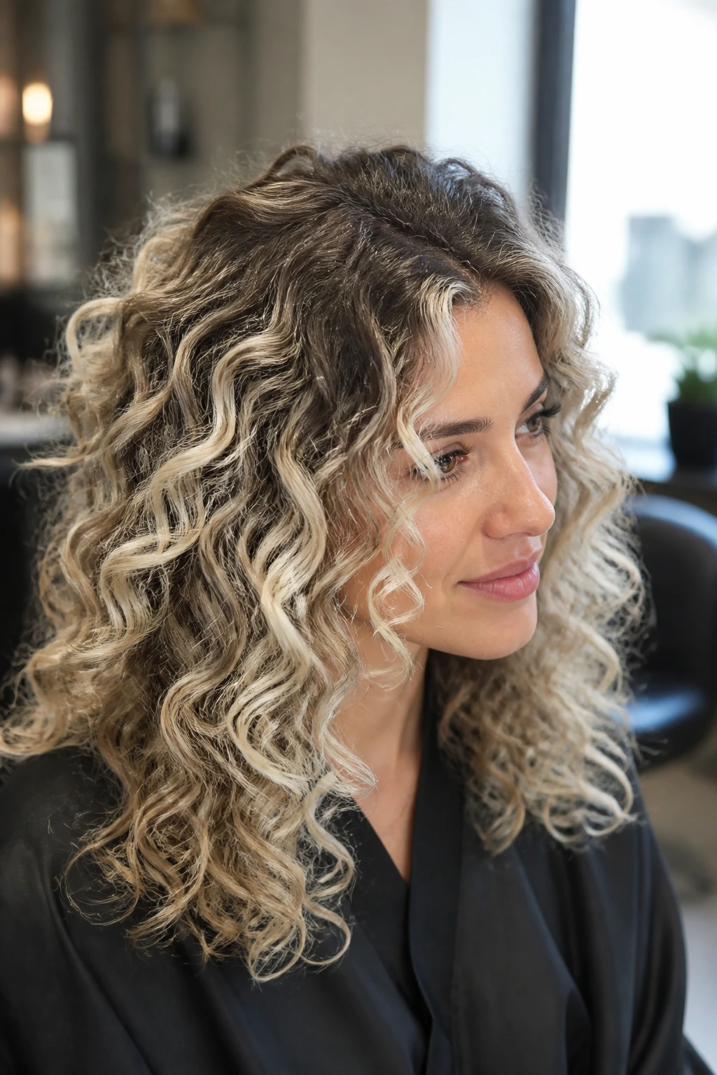 Close-up of a real woman with dark rooted hair and platinum ribbons through curly hair in a salon light.
