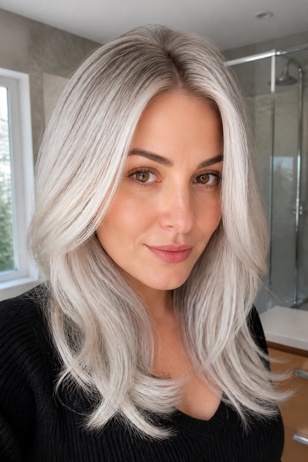 Close-up of a woman with platinum silver hair and a soft root blur in natural light