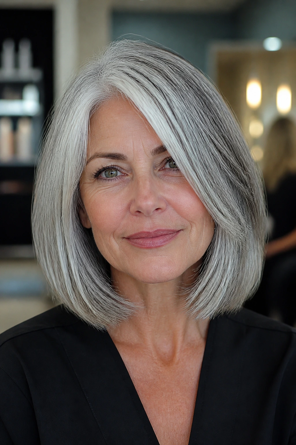 Real woman with platinum lob featuring salt-and-pepper blending around the face