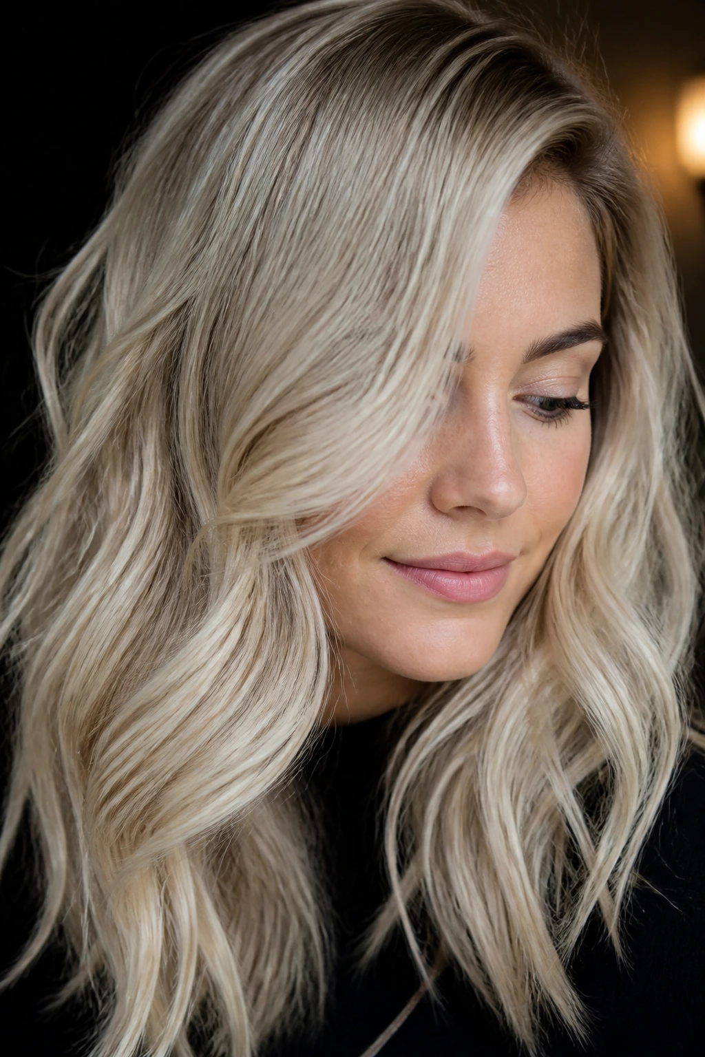 Close-up of platinum sand blonde hair with warm beige undertones in winter light