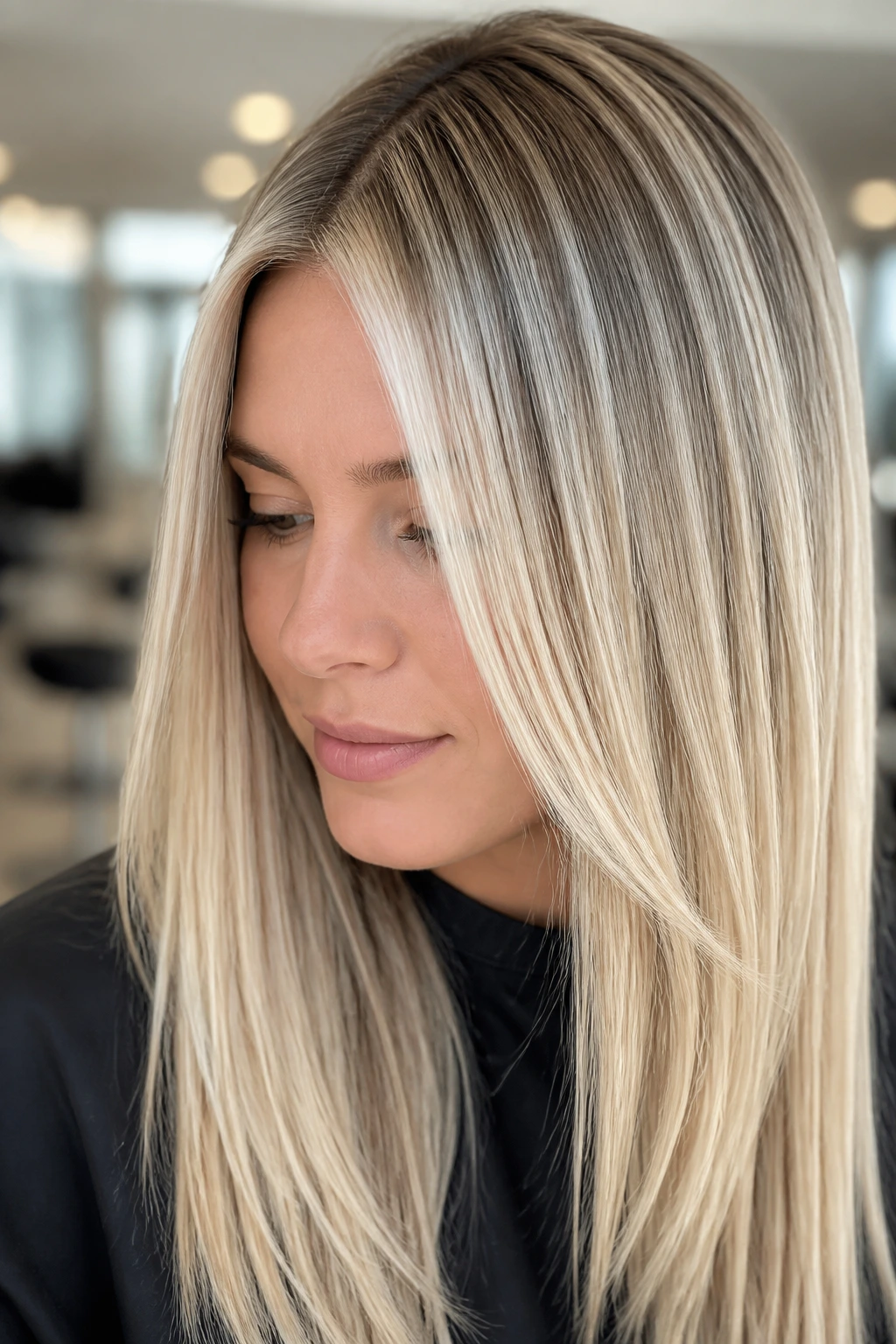 Close-up portrait of a real woman with platinum scattered foils on straight hair in a bright salon