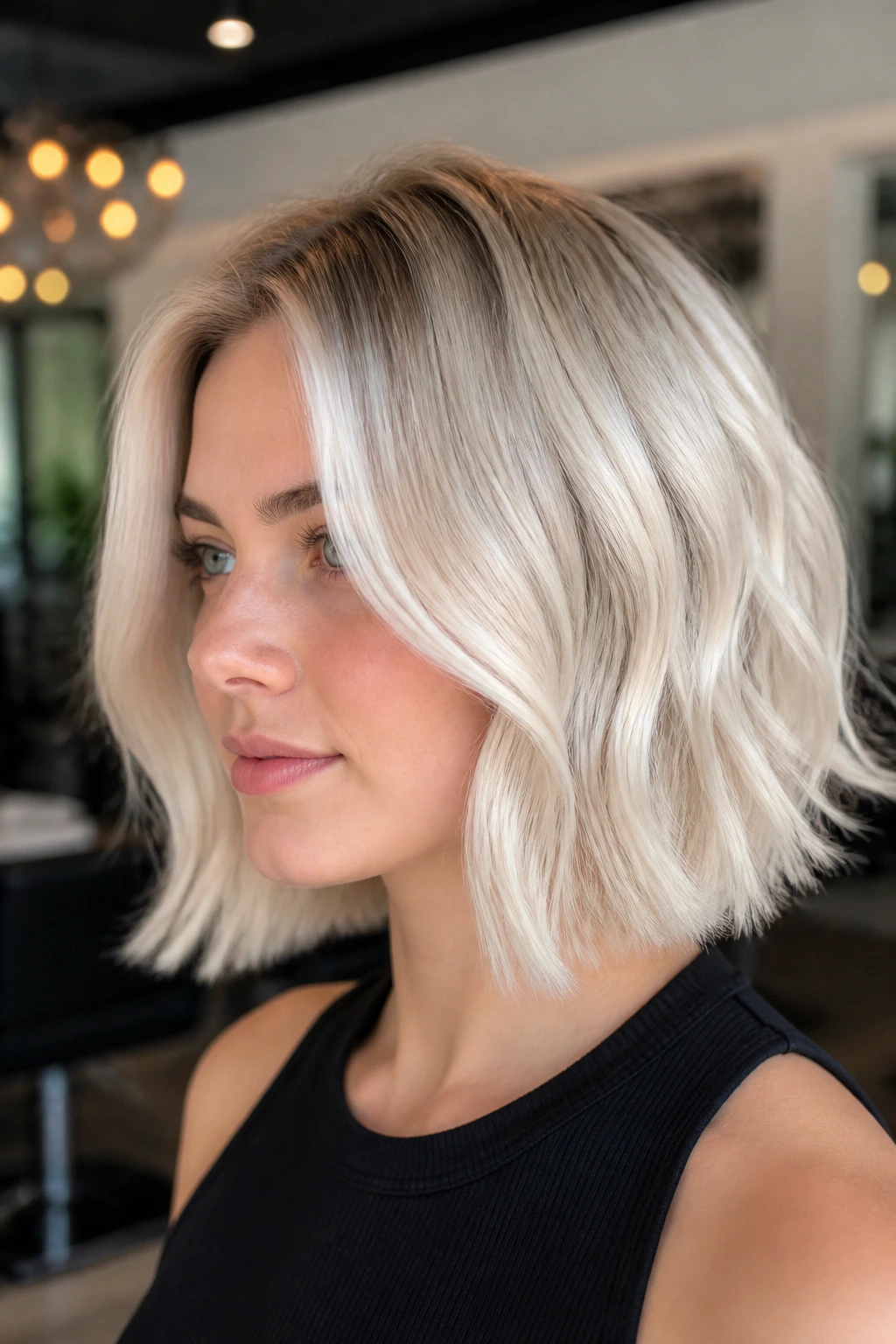 Close-up portrait of a real person showing a platinum hair color set from white-ice to pearl with subtle root shadow.