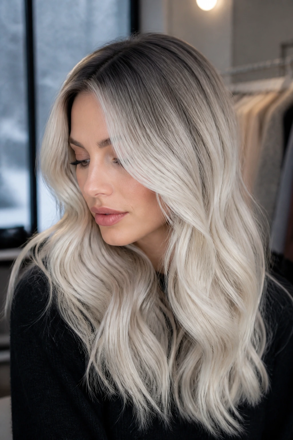 Close-up of platinum hair with a dark shadow root on a real person.